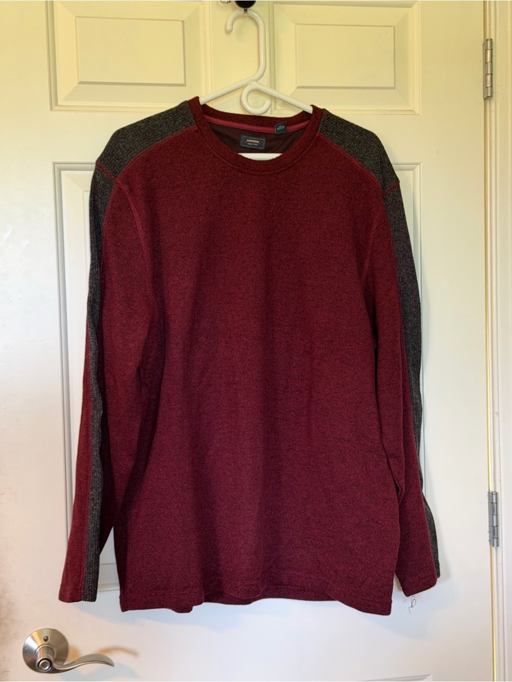 Arrow Men’s Burgundy Crewneck Sweater with Gray Shoulder and Sleeve Panels